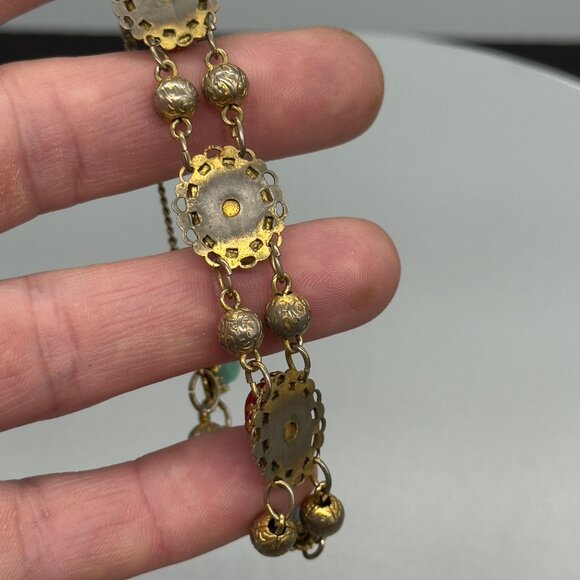 Vintage FREIRICH Gold Tone Filigree Scarab Bracelet Glass Stones w/ Safety Chain - Picture 12 of 16